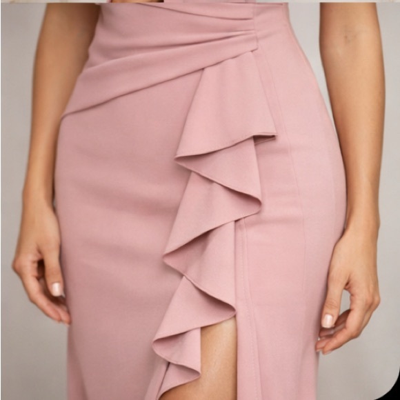 Betsy & Adam Pink Formal Gown Dusty Rose Scuba Crepe Ruffle Maxi Dress SZ 8 NWT - Picture 4 of 12